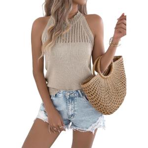 imageYeokou Women Summer Knit Tank Crochet Sleeveless Crewneck Top Stretchy Casual Sweater VestKhaki