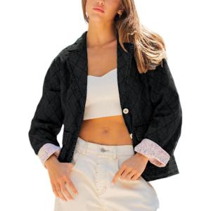 imageYeokou Women Washed Denim Jacket Casual Quilted Floral Lining V Neck Lapel Button Down Loose Coat with PocketsBlack