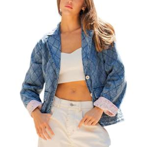 imageYeokou Women Washed Denim Jacket Casual Quilted Floral Lining V Neck Lapel Button Down Loose Coat with PocketsBlue