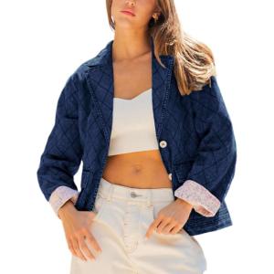 imageYeokou Women Washed Denim Jacket Casual Quilted Floral Lining V Neck Lapel Button Down Loose Coat with PocketsDarkblue