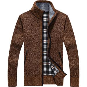 imageYeokou Mens Casual Slim Full Zip Thick Knitted Cardigan Sweaters with PocketsBrown