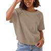 imageYeokou Women Short Sleeve Sweater Crewneck Knit Pullover Top Loose Fall Casual Crochet Blouse ShirtKhaki
