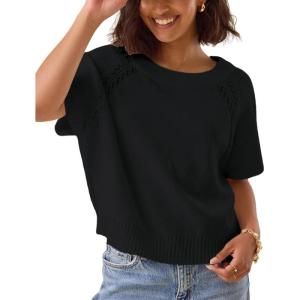 imageYeokou Women Short Sleeve Sweater Crewneck Knit Pullover Top Loose Fall Casual Crochet Blouse ShirtBlack
