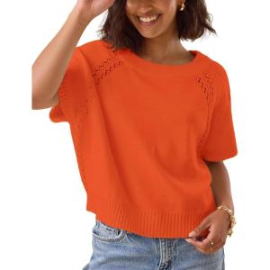 imageYeokou Women Short Sleeve Sweater Crewneck Knit Pullover Top Loose Fall Casual Crochet Blouse ShirtOrange