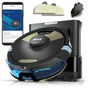 imageShark AV1010AE IQ Robot Vacuum with XL SelfEmpty Base Bagless 45Day Capacity Advanced Navigation Alexa ampamp WiFi MultiSurface Brushroll for Pets Dander ampamp Dust Carpet ampamp Hard Floor BlackWet and Dry SelfEmpty  Brass