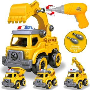 image4in1 Take Apart Toys Truck with Electric Drill DIY Assembly Fire Truck Toy Vehicles Kids STEM Building Educational Cars Toys Birthday Gifts for Age 3 4 5 6 7 8 Years Old Boys GirlsConstruction Truck