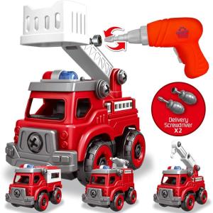 image4in1 Take Apart Toys Truck with Electric Drill DIY Assembly Fire Truck Toy Vehicles Kids STEM Building Educational Cars Toys Birthday Gifts for Age 3 4 5 6 7 8 Years Old Boys GirlsFire Truck