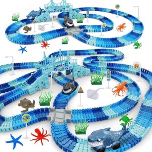 imageTrack Race Car Toys for Kids Create A Ocean World Race Road Flexible Tracks Playset ampamp 2PCS Cool Shark Cars Toddler Toys Birthday Gifts for Age 3 4 5 6 Year Old Boys GirlsBlueshark