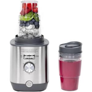 imageGE 5Speed Blender  2 16 Ounce Blender Cups  Kitchen Essentials Blender for Shakes Smoothies ampamp More  Large 64 oz Tritan Jar 810 Servings  Stainless Steel Blades ampamp Exterior Finish  1000 WattsBlender with Personal Cups