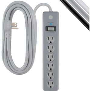imageGE 6Outlet Surge Protector 6 Ft Extension Cord Power Strip 800 Joules Flat Plug TwisttoClose Safety Covers Protected Indicator Light UL Listed White 67051Gray