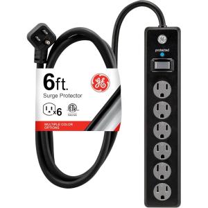 imageGE 6Outlet Surge Protector 6 Ft Extension Cord Power Strip 800 Joules Flat Plug TwisttoClose Safety Covers Protected Indicator Light UL Listed White 67051Black