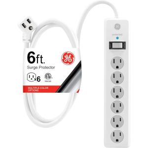 imageGE 6Outlet Surge Protector 6 Ft Extension Cord Power Strip 800 Joules Flat Plug TwisttoClose Safety Covers Protected Indicator Light UL Listed White 67051White