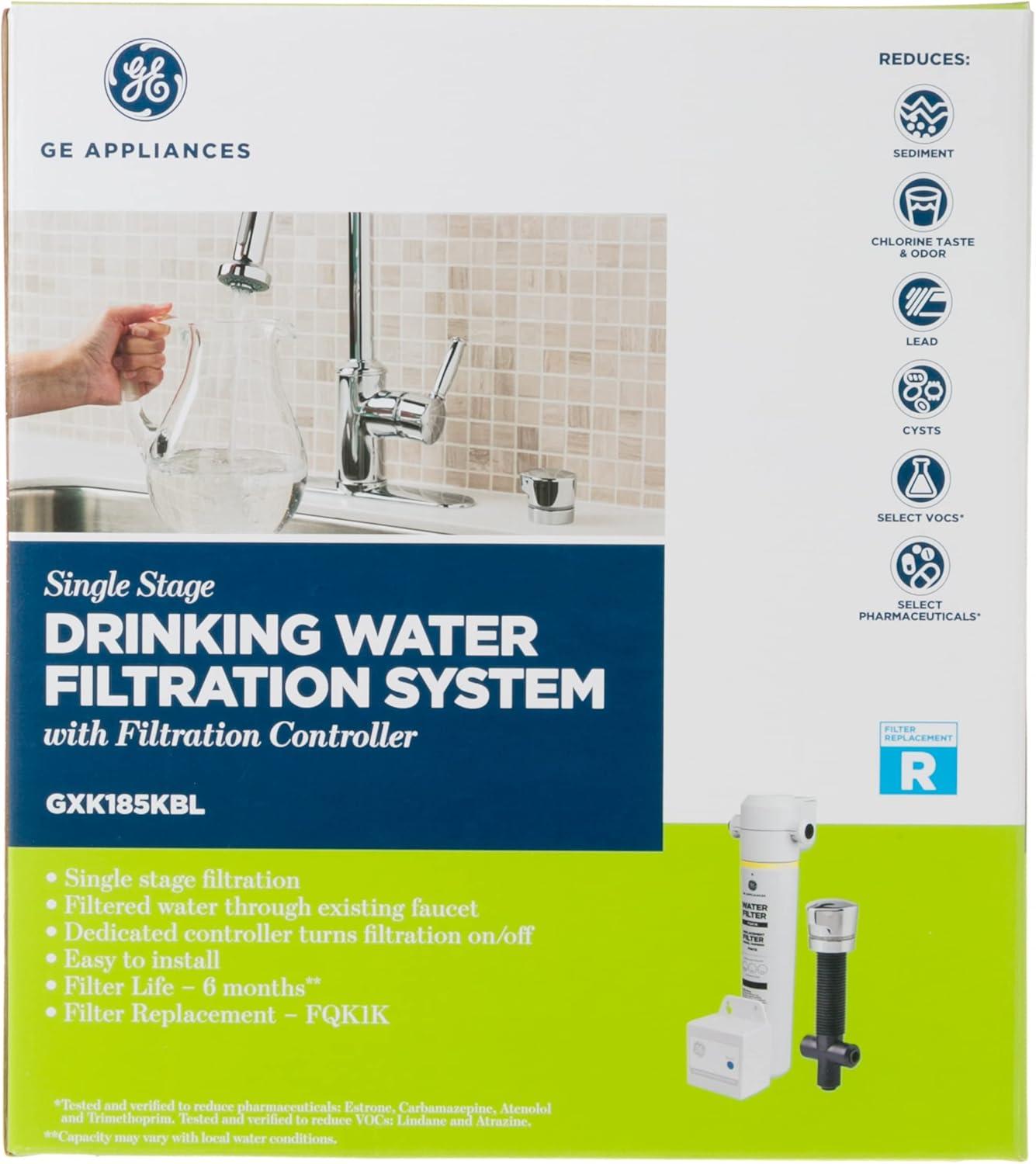 imageGE Single Stage Under Sink Water Filter System  Water Filtration System Reduces Impurities in Water  Easy Install No Plumbing Required  Replace Filter FQK1K Every 6 Months  GXK185KBL