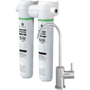 imageGE Dual Stage Under Sink Water Filtration System with Faucet  Reduces Lead Chlorine ampamp More  Easy Install  Twist ampamp Lock Design  Replace Filters FQK2J Every 6 Months  GXK255TBNWhite Pack of 1