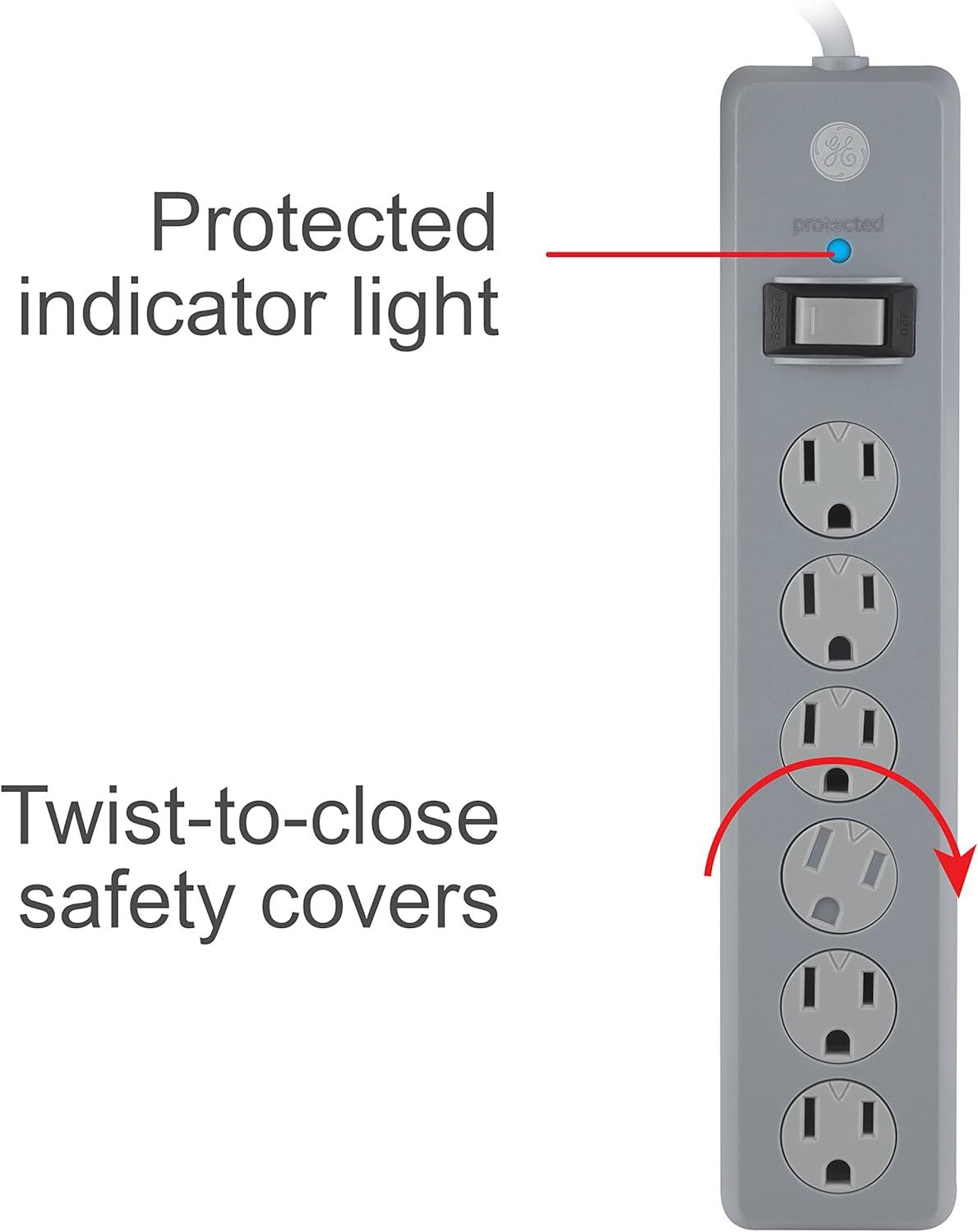 imageGE 6Outlet Surge Protector 10 Ft Extension Cord Power Strip 600 Joules TwisttoClose Safety Covers Protected Indicator Light UL Listed Black 37442Gray