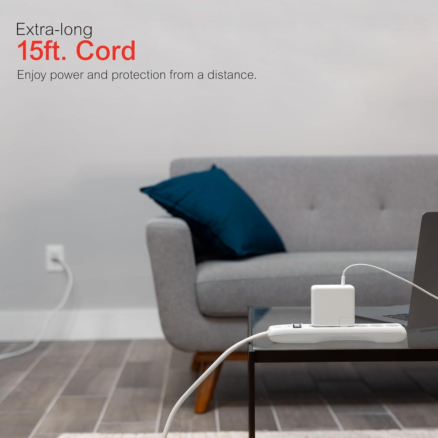 imageGE 6Outlet Surge Protector 15 Ft Extension Cord Power Strip 800 Joules Flat Plug TwisttoClose Safety Covers Protected Indicator Light UL Listed White 50768White