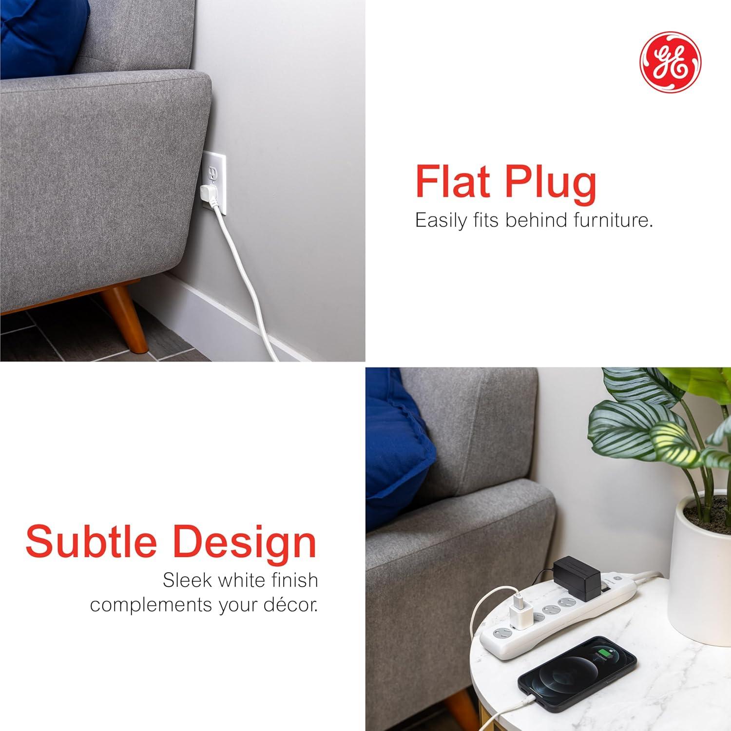 imageGE 6Outlet Surge Protector 15 Ft Extension Cord Power Strip 800 Joules Flat Plug TwisttoClose Safety Covers Protected Indicator Light UL Listed White 50768White