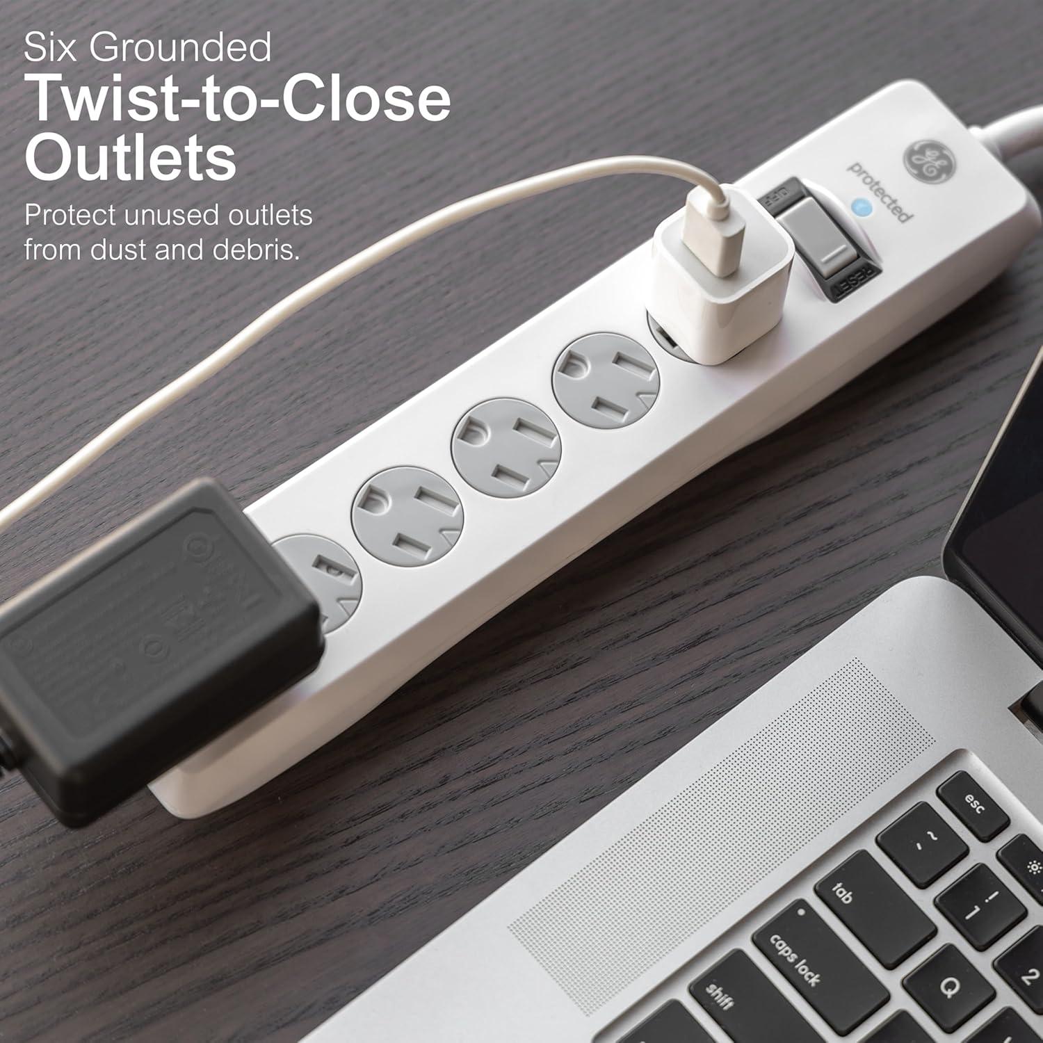 imageGE 6Outlet Surge Protector 15 Ft Extension Cord Power Strip 800 Joules Flat Plug TwisttoClose Safety Covers Protected Indicator Light UL Listed White 50768White