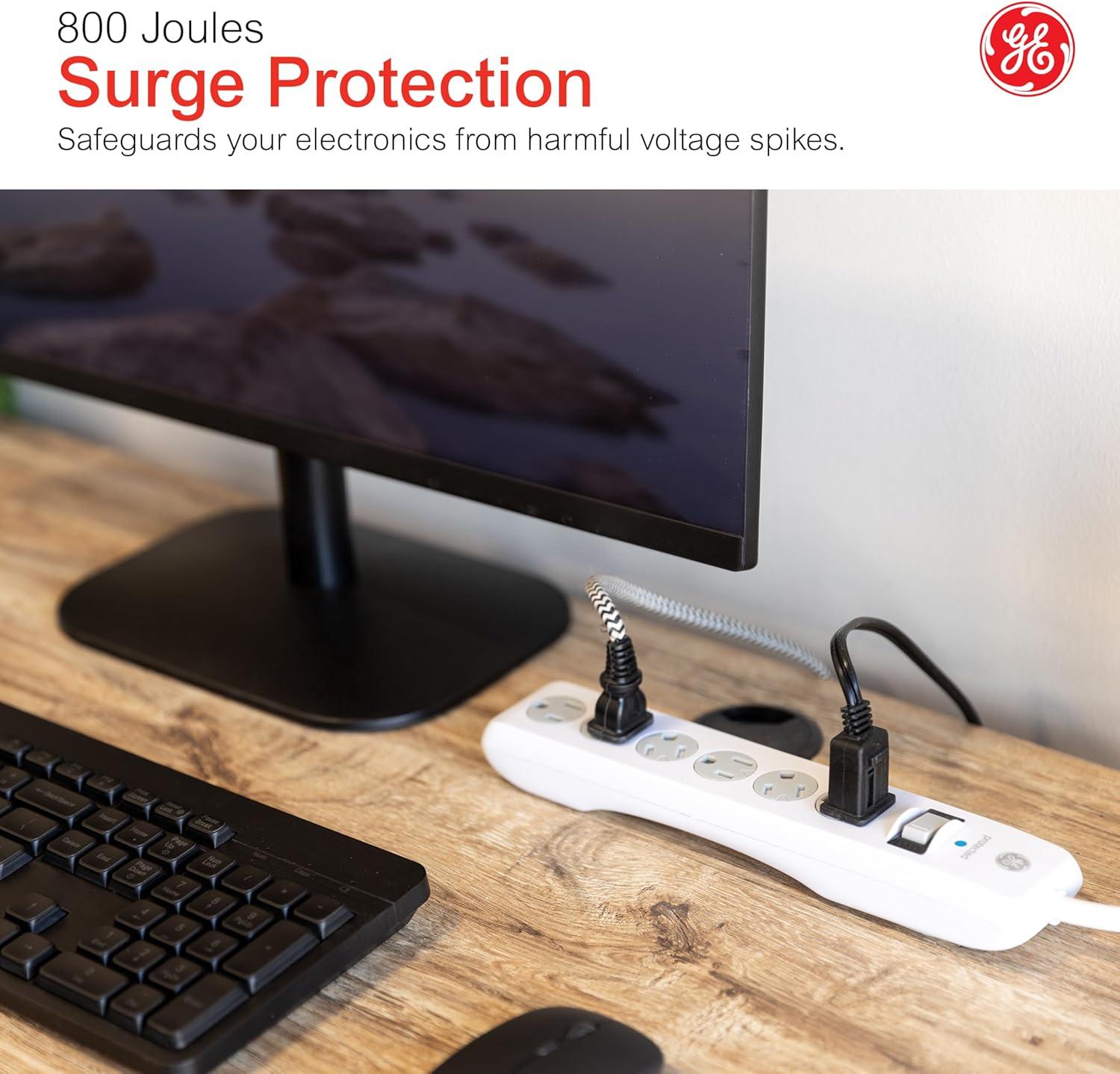 imageGE 6Outlet Surge Protector 15 Ft Extension Cord Power Strip 800 Joules Flat Plug TwisttoClose Safety Covers Protected Indicator Light UL Listed White 50768White