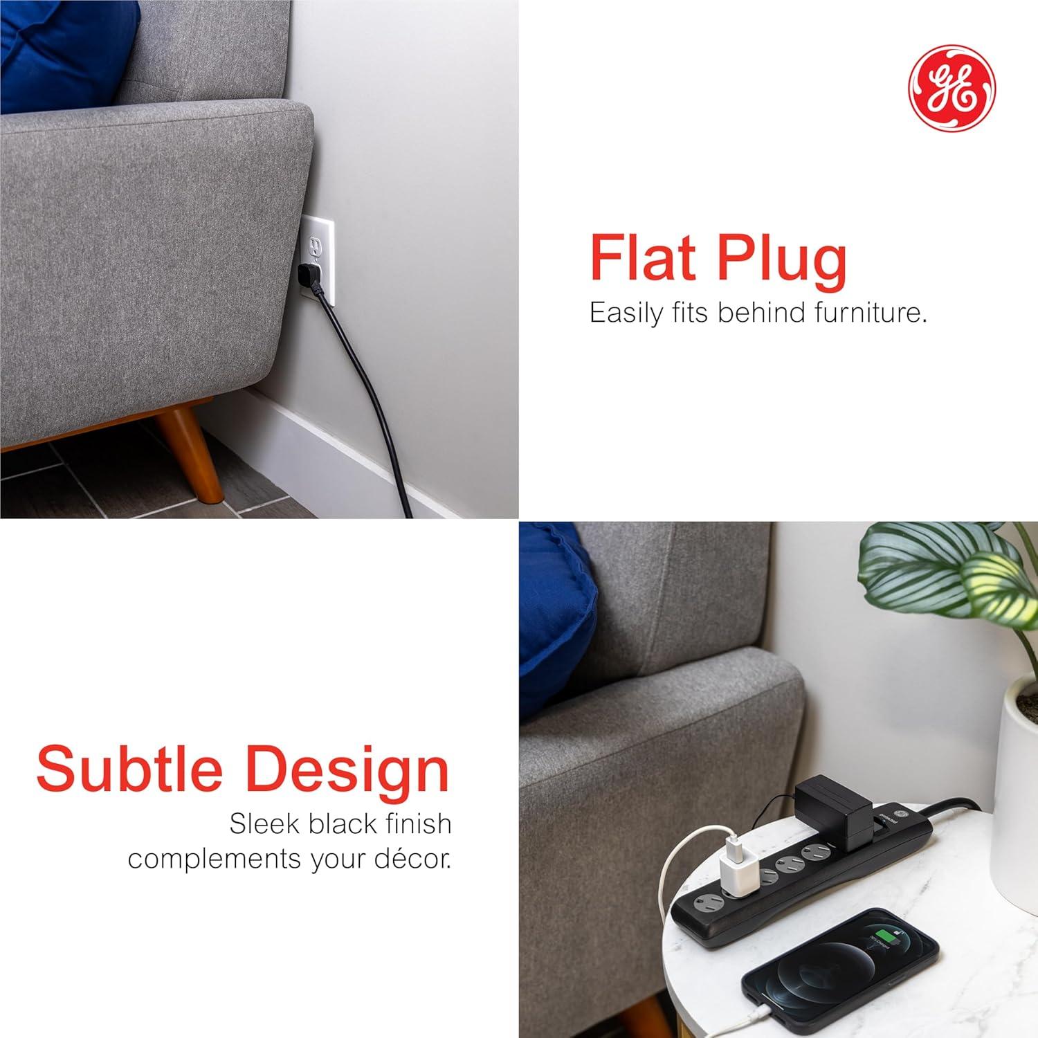 imageGE 6Outlet Surge Protector 15 Ft Extension Cord Power Strip 800 Joules Flat Plug TwisttoClose Safety Covers Protected Indicator Light UL Listed White 50768Black