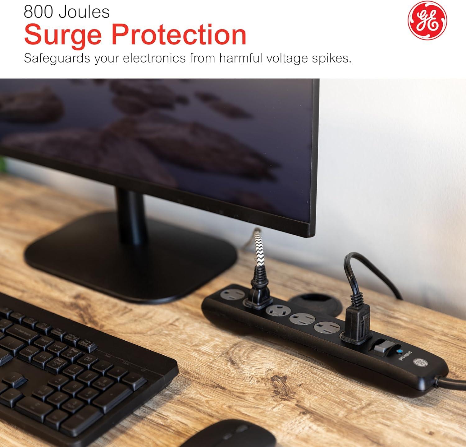 imageGE 6Outlet Surge Protector 15 Ft Extension Cord Power Strip 800 Joules Flat Plug TwisttoClose Safety Covers Protected Indicator Light UL Listed White 50768Black