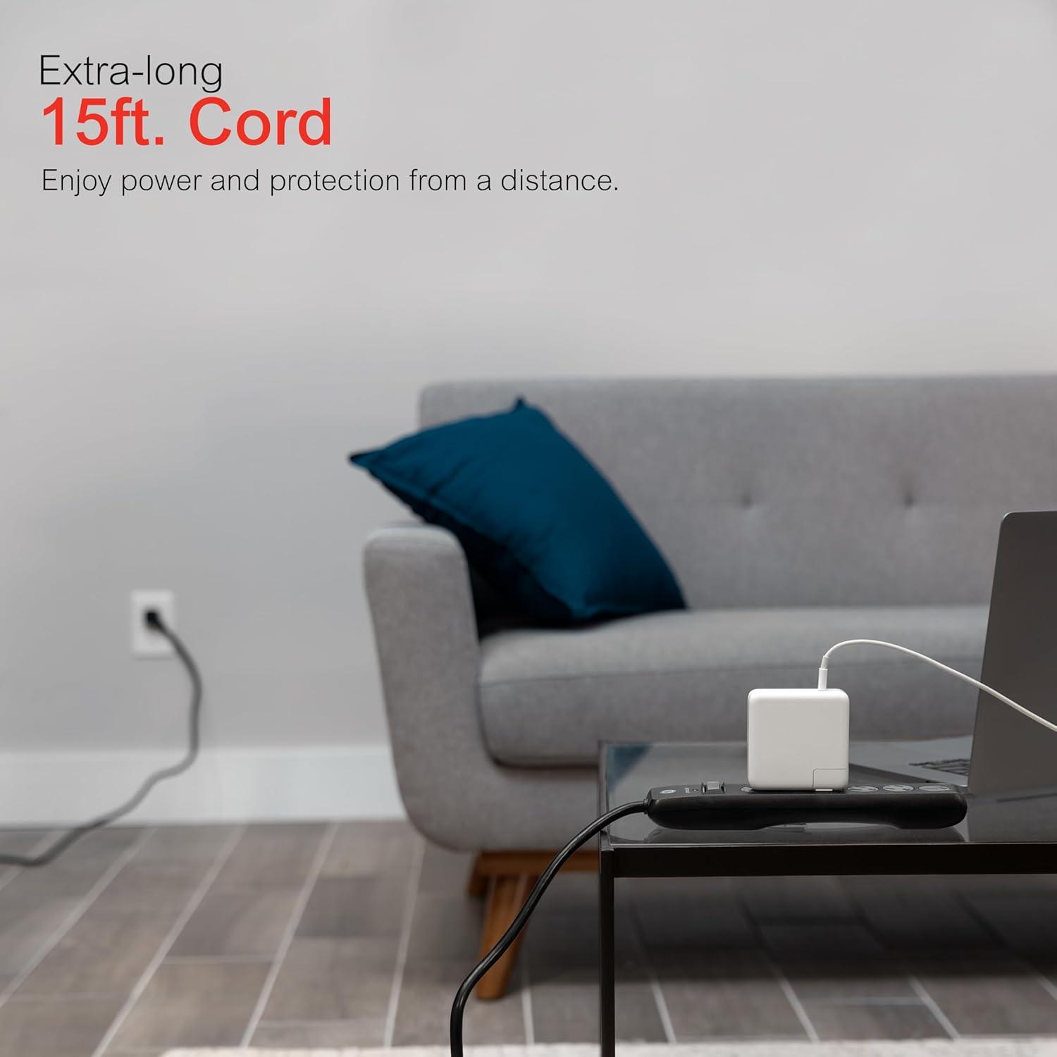 imageGE 6Outlet Surge Protector 15 Ft Extension Cord Power Strip 800 Joules Flat Plug TwisttoClose Safety Covers Protected Indicator Light UL Listed White 50768Black