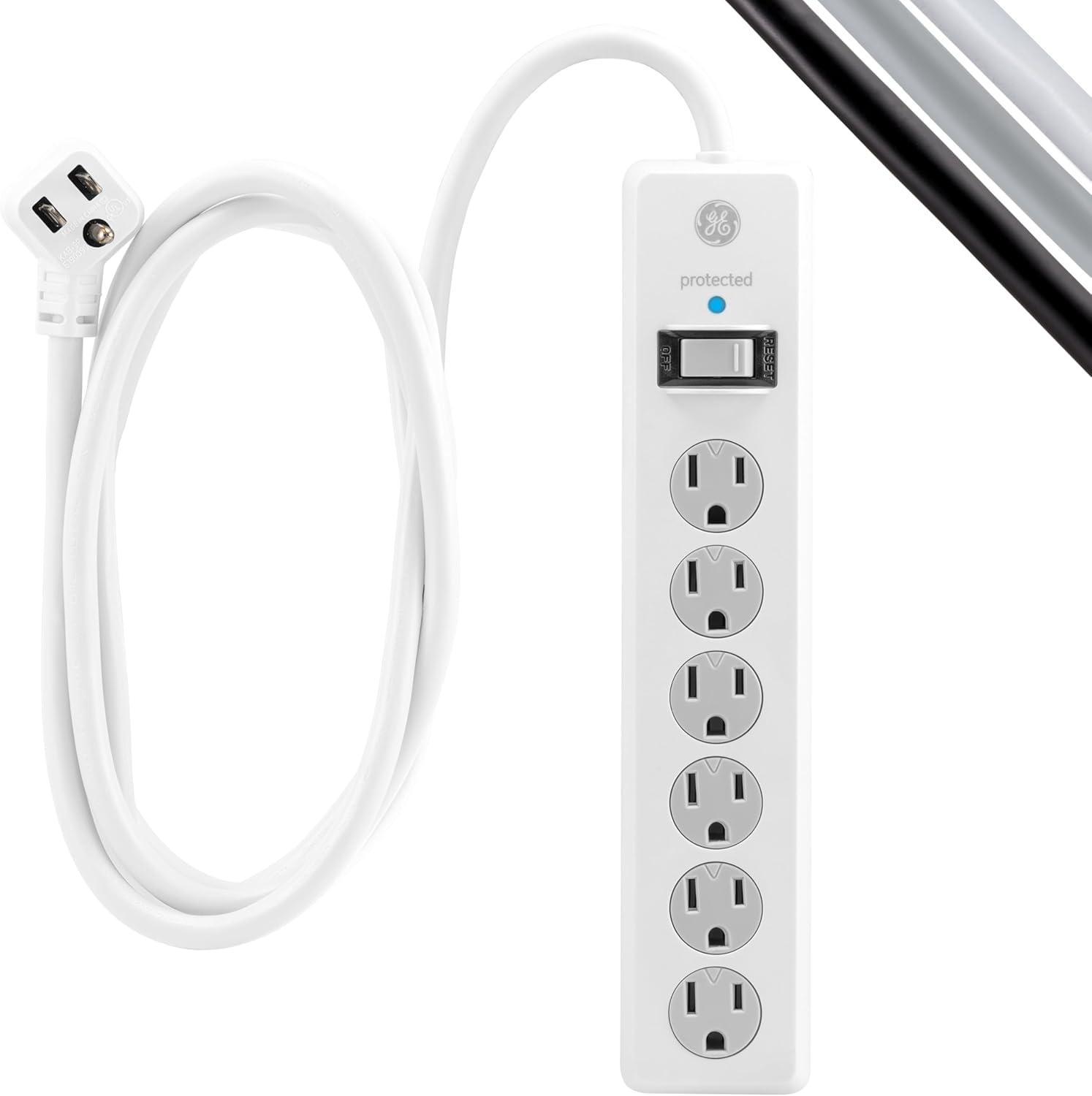 imageGE 6Outlet Surge Protector 15 Ft Extension Cord Power Strip 800 Joules Flat Plug TwisttoClose Safety Covers Protected Indicator Light UL Listed White 50768White