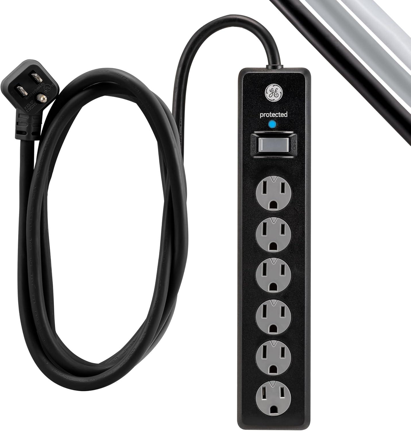 imageGE 6Outlet Surge Protector 15 Ft Extension Cord Power Strip 800 Joules Flat Plug TwisttoClose Safety Covers Protected Indicator Light UL Listed White 50768Black