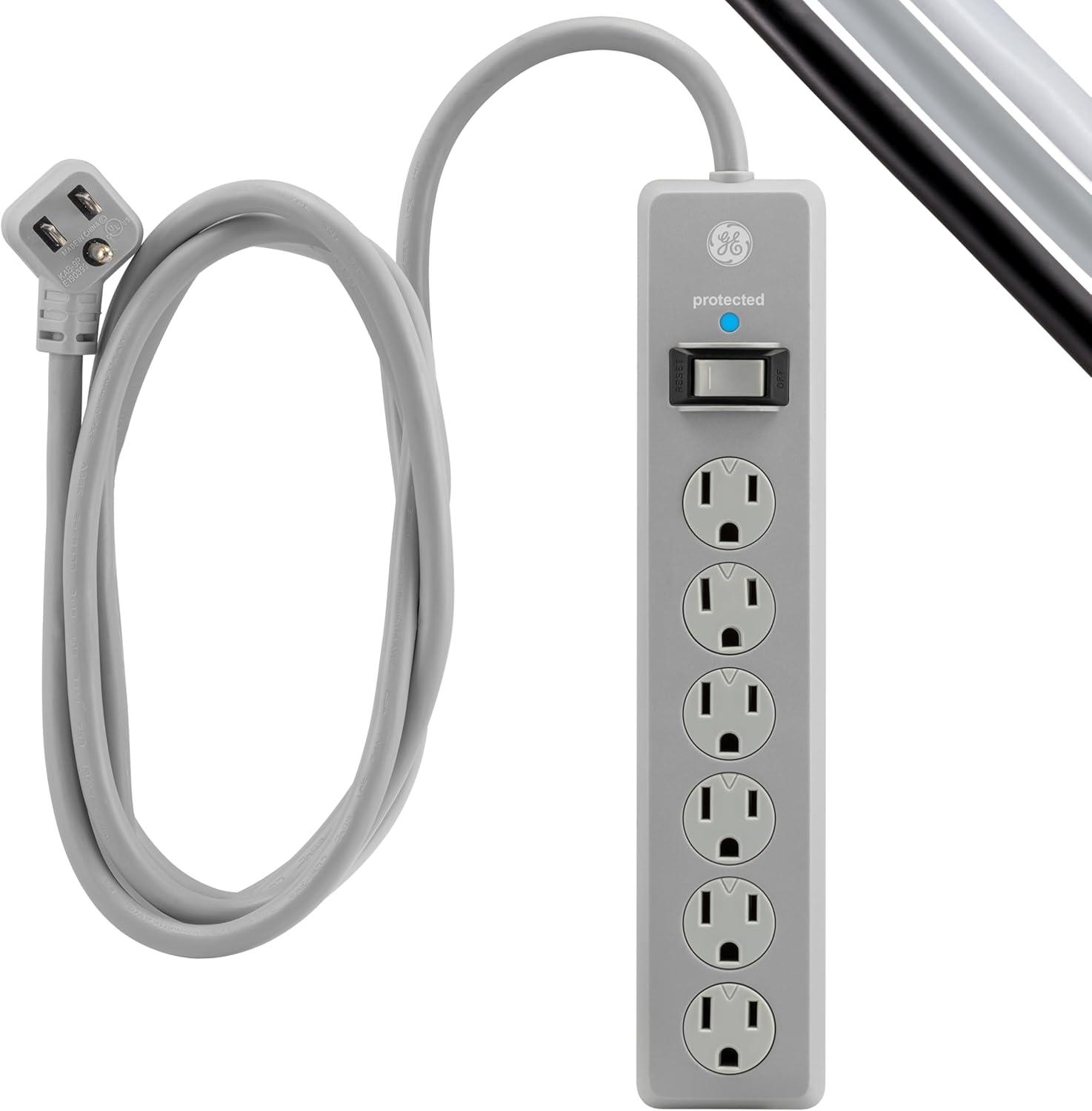 imageGE 6Outlet Surge Protector 4 Ft Extension Cord Power Strip 800 Joules Flat Plug TwisttoClose Safety Covers Protected Indicator Light UL Listed White 33658Gray