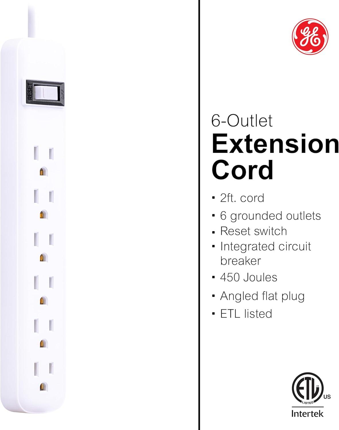 imageGE 6Outlet Surge Protector 4 Ft Extension Cord Power Strip 800 Joules Flat Plug TwisttoClose Safety Covers Protected Indicator Light UL Listed White 33658White