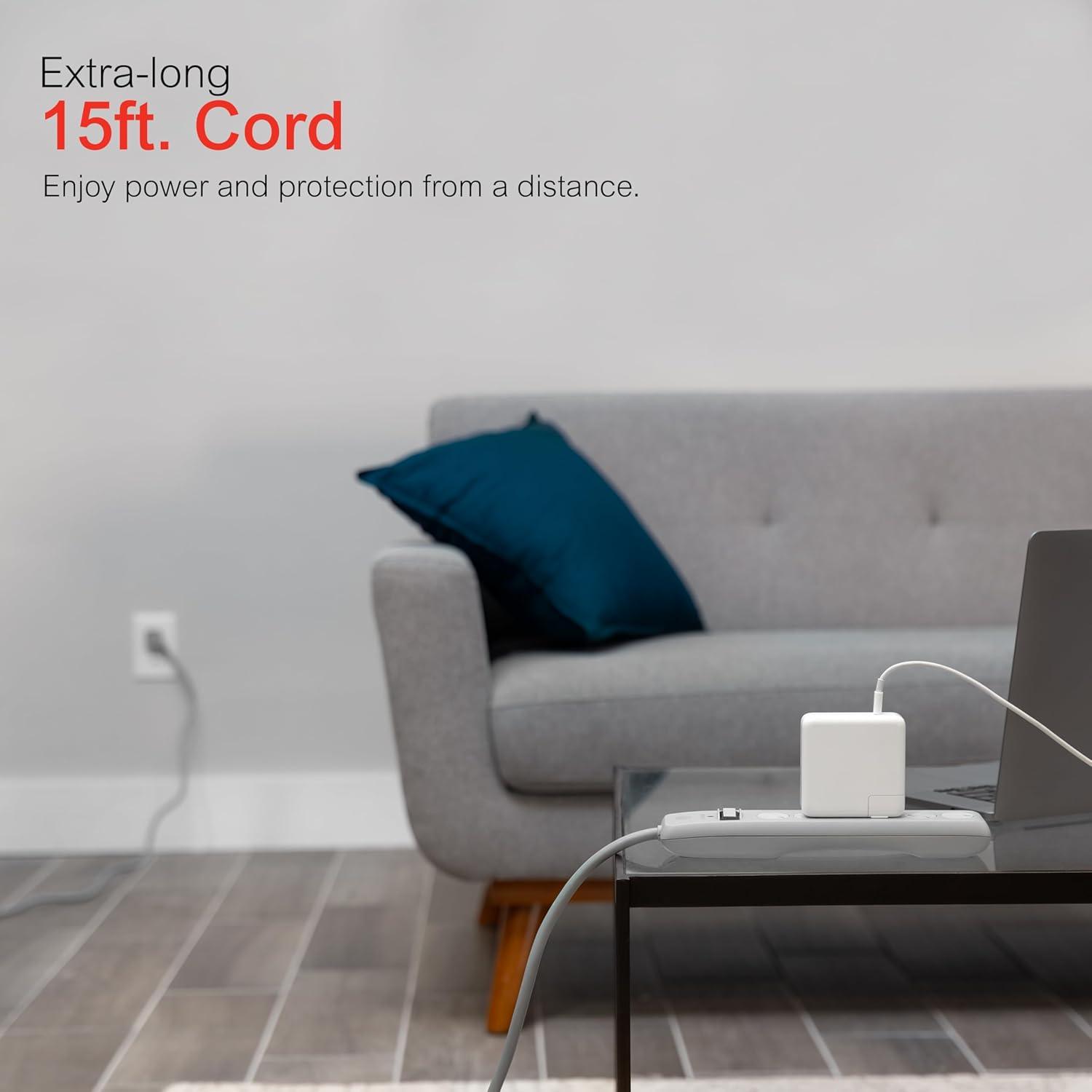 imageGE 6Outlet Surge Protector 4 Ft Extension Cord Power Strip 800 Joules Flat Plug TwisttoClose Safety Covers Protected Indicator Light UL Listed White 33658Gray
