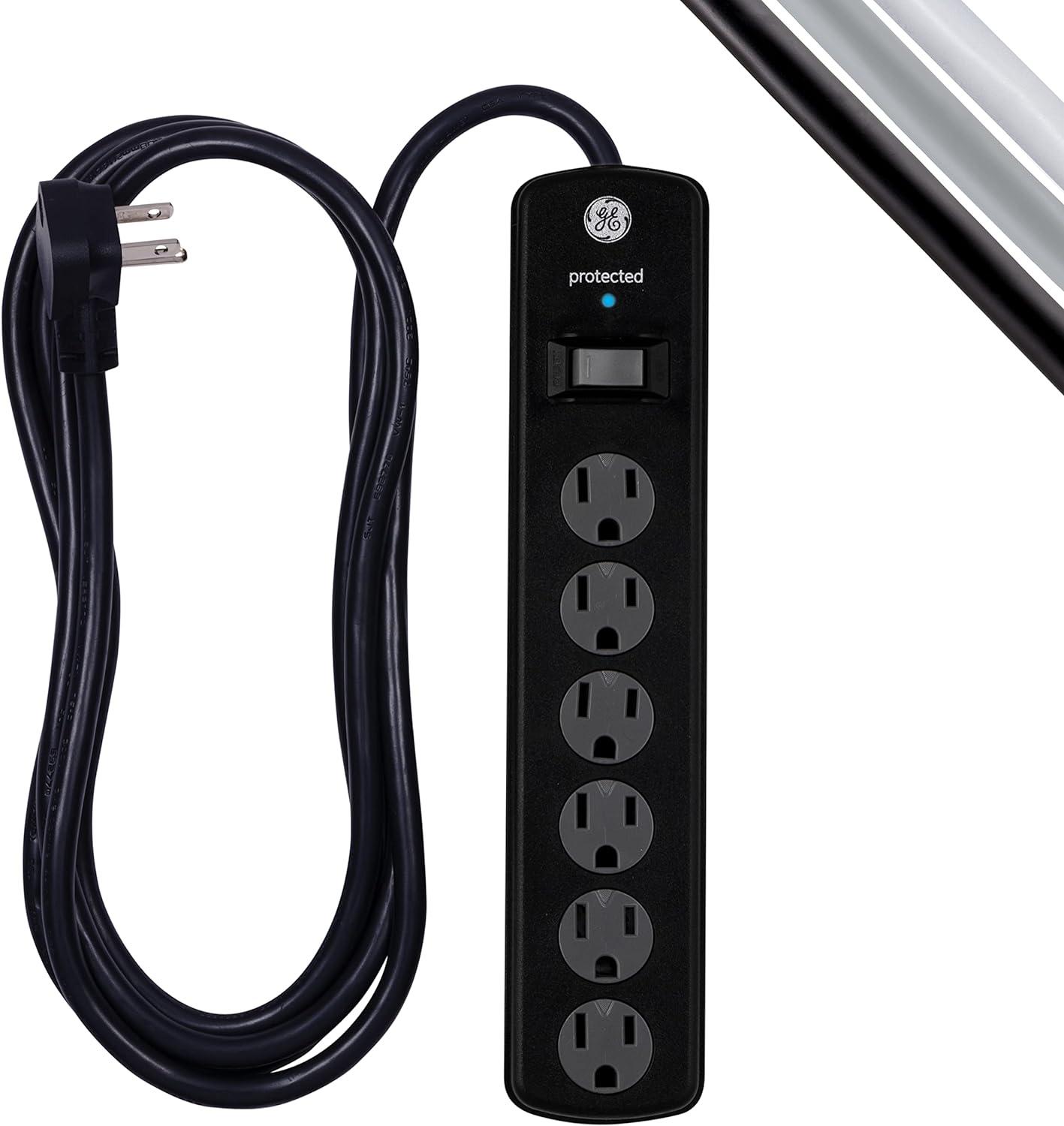 imageGE 6Outlet Surge Protector 4 Ft Extension Cord Power Strip 800 Joules Flat Plug TwisttoClose Safety Covers Protected Indicator Light UL Listed White 33658Black