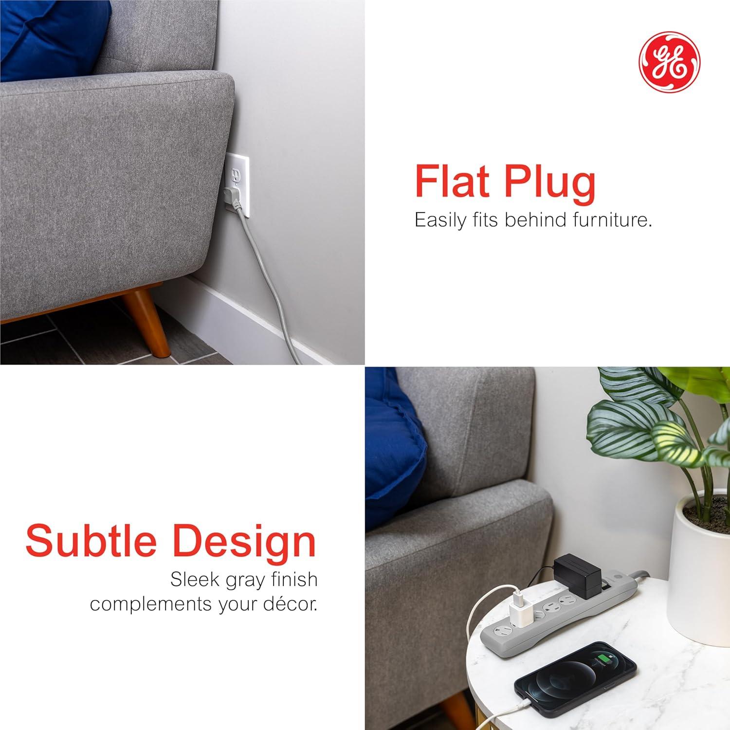 imageGE 6Outlet Surge Protector 4 Ft Extension Cord Power Strip 800 Joules Flat Plug TwisttoClose Safety Covers Protected Indicator Light UL Listed White 33658Gray