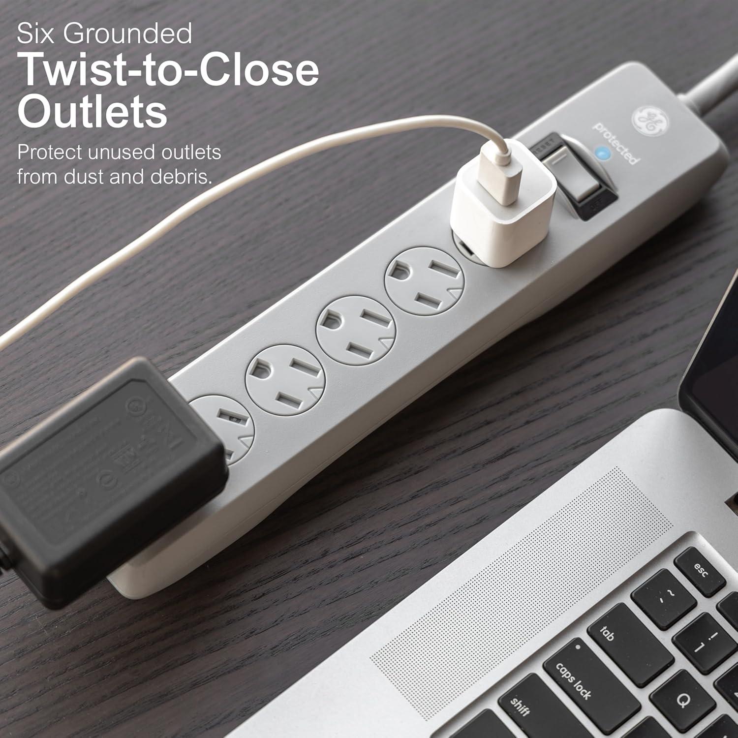 imageGE 6Outlet Surge Protector 4 Ft Extension Cord Power Strip 800 Joules Flat Plug TwisttoClose Safety Covers Protected Indicator Light UL Listed White 33658Gray
