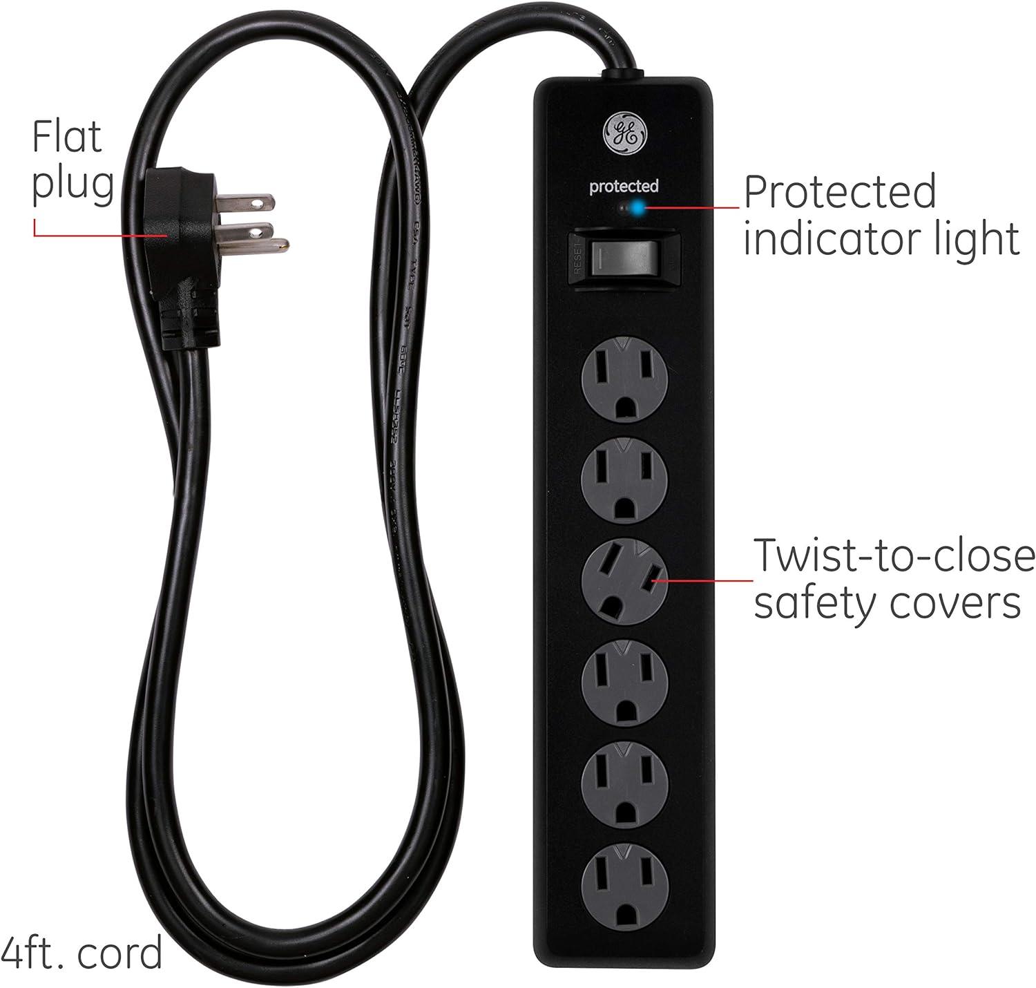 imageGE 6Outlet Surge Protector 4 Ft Extension Cord Power Strip 800 Joules Flat Plug TwisttoClose Safety Covers Protected Indicator Light UL Listed White 33658Black
