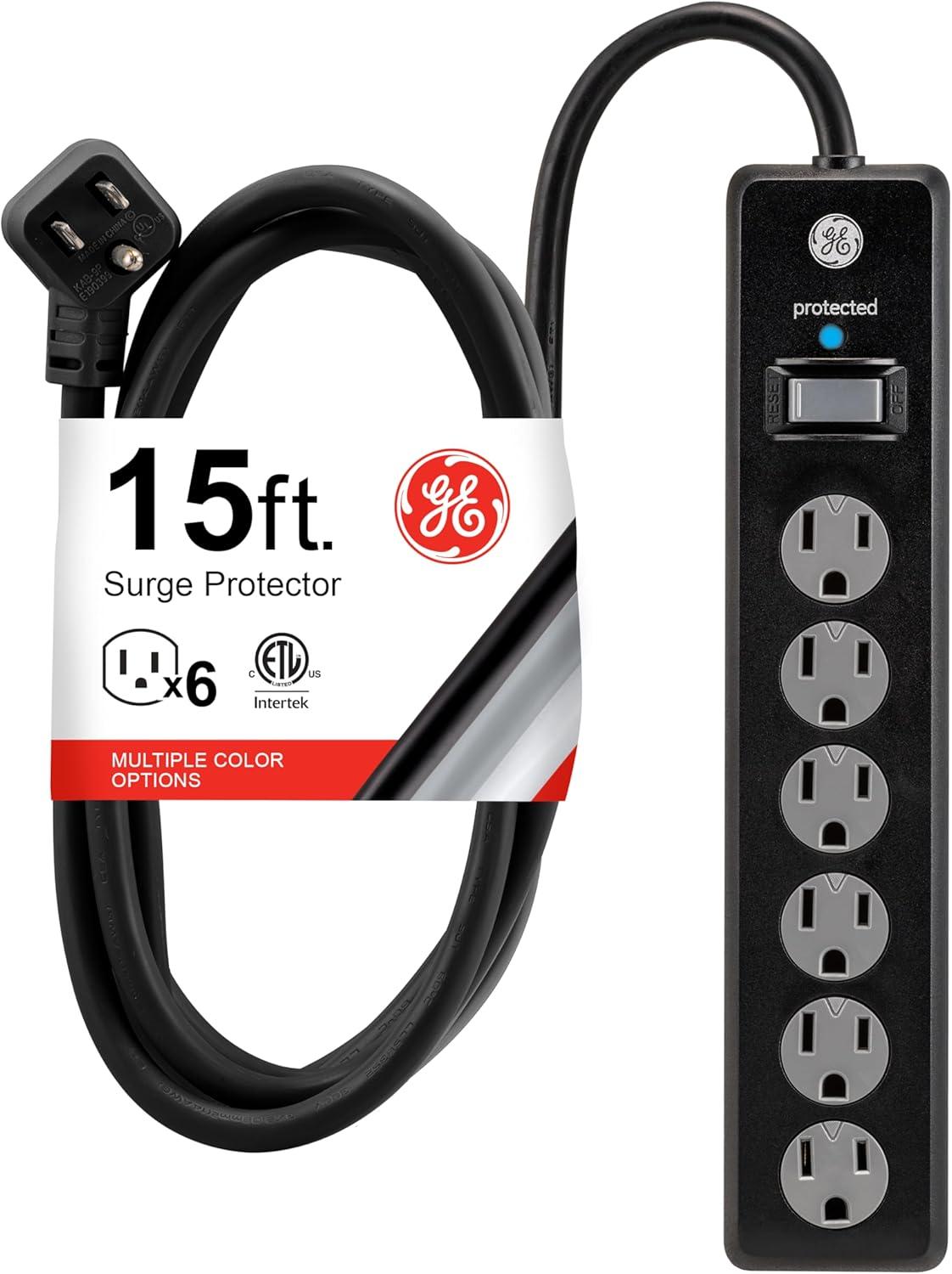 imageGE 6Outlet Surge Protector 4 Ft Extension Cord Power Strip 800 Joules Flat Plug TwisttoClose Safety Covers Protected Indicator Light UL Listed White 33658Black
