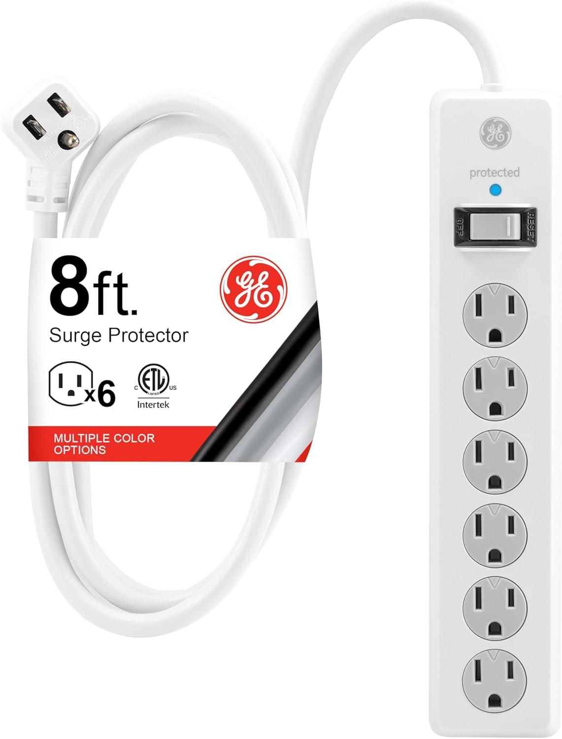 imageGE 6Outlet Surge Protector 4 Ft Extension Cord Power Strip 800 Joules Flat Plug TwisttoClose Safety Covers Protected Indicator Light UL Listed White 33658White