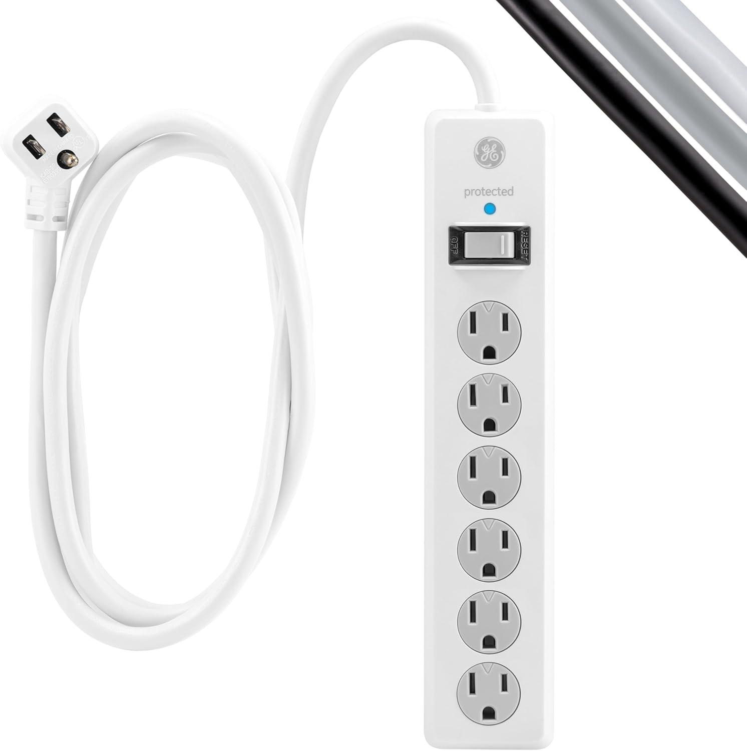 imageGE 6Outlet Surge Protector 4 Ft Extension Cord Power Strip 800 Joules Flat Plug TwisttoClose Safety Covers Protected Indicator Light UL Listed White 33658White