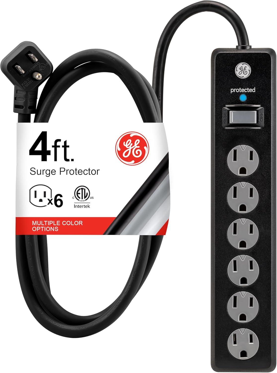 imageGE 6Outlet Surge Protector 4 Ft Extension Cord Power Strip 800 Joules Flat Plug TwisttoClose Safety Covers Protected Indicator Light UL Listed White 33658Black