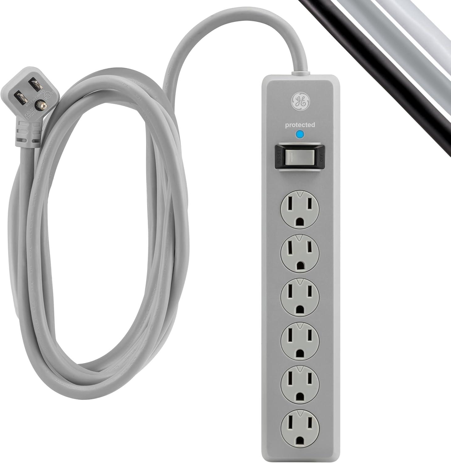 imageGE 6Outlet Surge Protector 4 Ft Extension Cord Power Strip 800 Joules Flat Plug TwisttoClose Safety Covers Protected Indicator Light UL Listed White 33658Gray