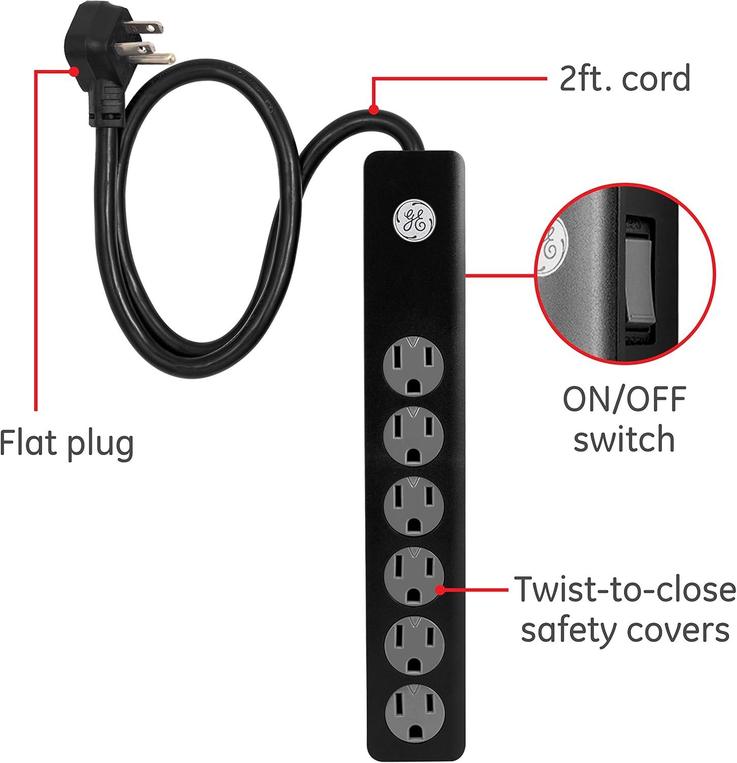 imageGE 6Outlet Surge Protector 4 Ft Extension Cord Power Strip 800 Joules Flat Plug TwisttoClose Safety Covers Protected Indicator Light UL Listed White 33658Black