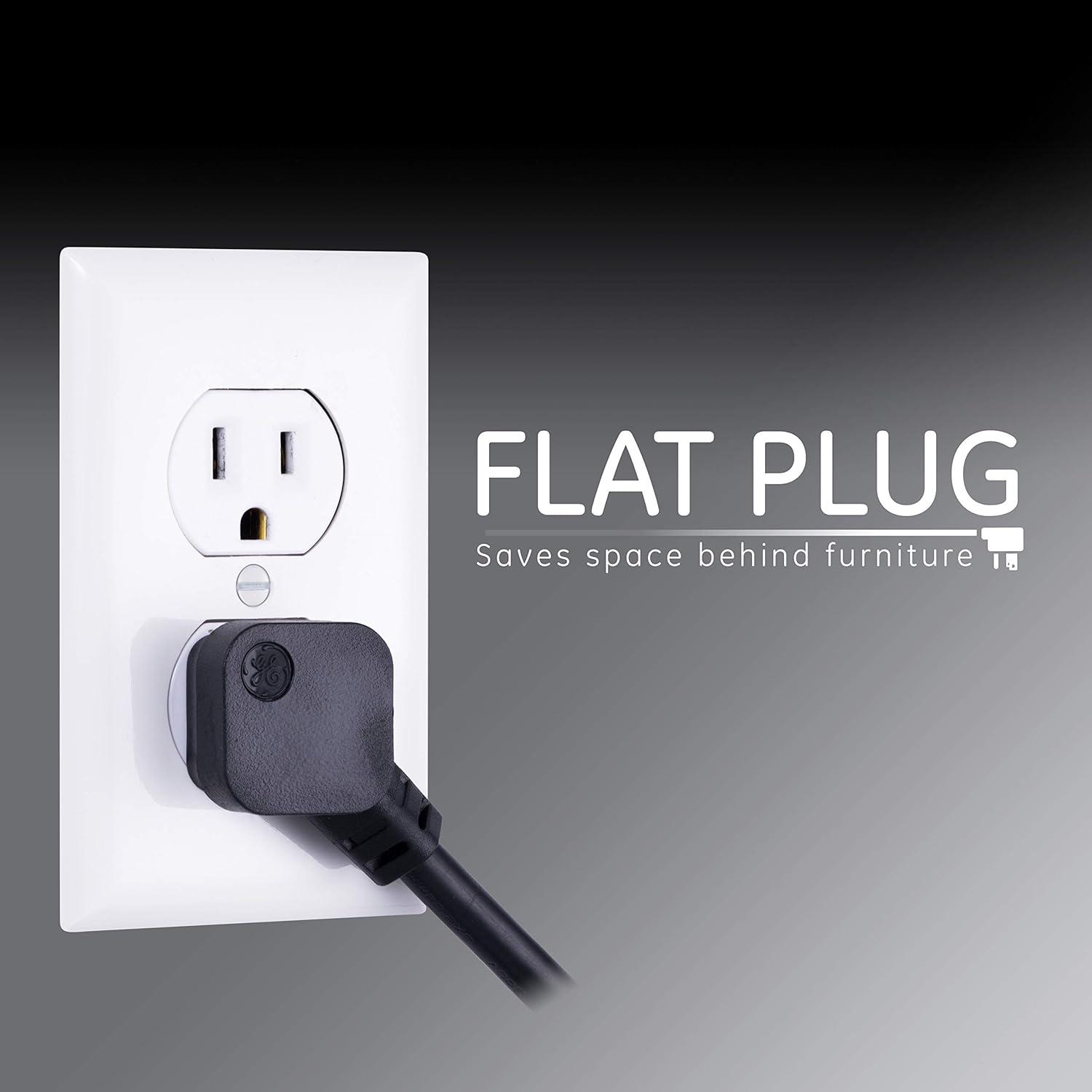 imageGE 6Outlet Surge Protector 4 Ft Extension Cord Power Strip 800 Joules Flat Plug TwisttoClose Safety Covers Protected Indicator Light UL Listed White 33658Black