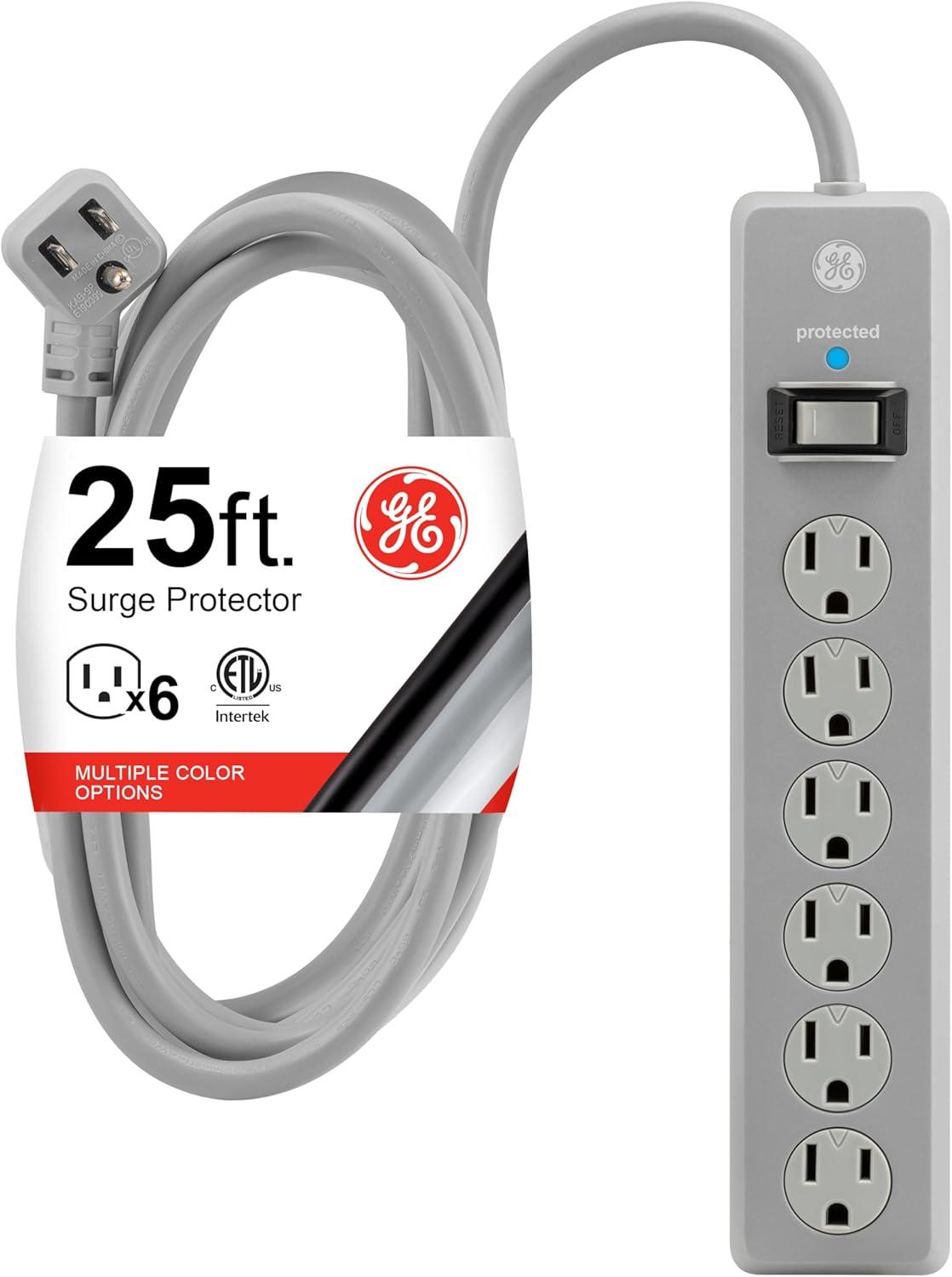 imageGE 6Outlet Surge Protector 4 Ft Extension Cord Power Strip 800 Joules Flat Plug TwisttoClose Safety Covers Protected Indicator Light UL Listed White 33658Gray