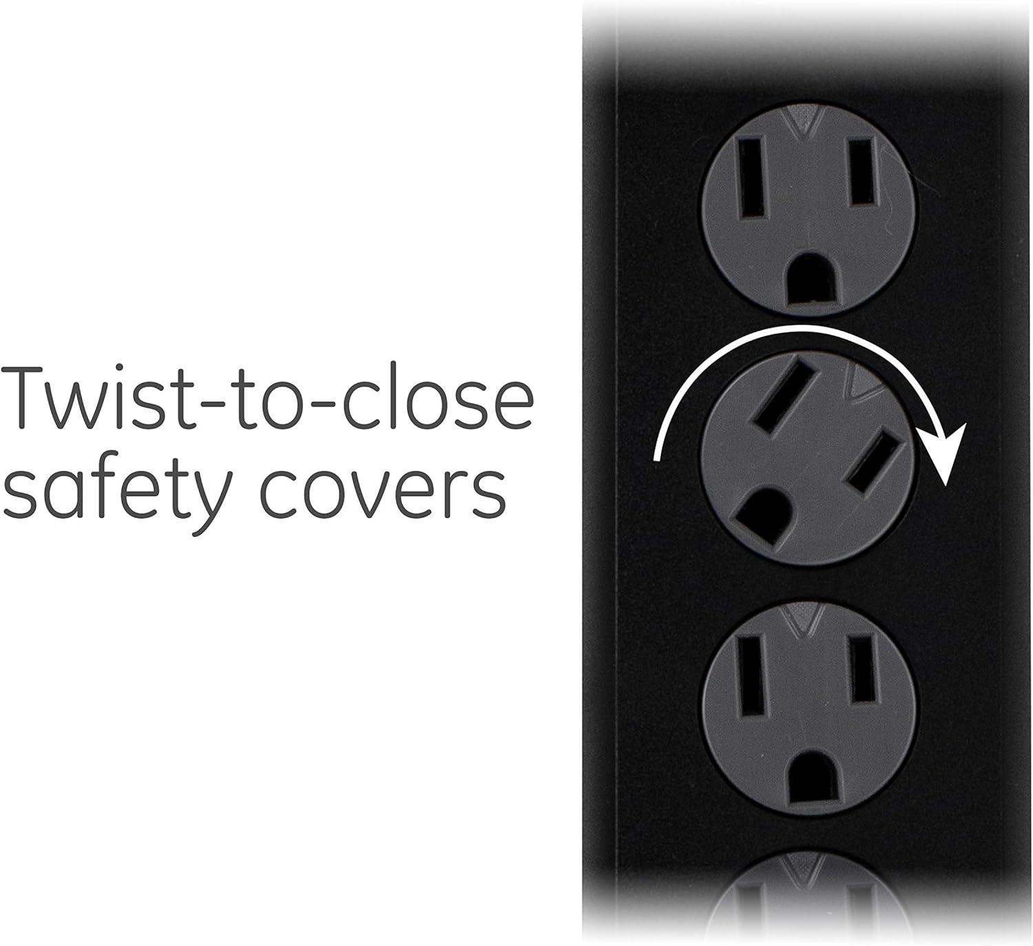 imageGE 6Outlet Surge Protector 4 Ft Extension Cord Power Strip 800 Joules Flat Plug TwisttoClose Safety Covers Protected Indicator Light UL Listed White 33658Black