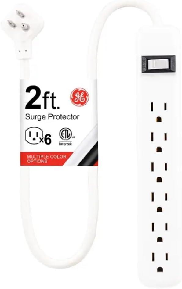 imageGE 6Outlet Surge Protector 4 Ft Extension Cord Power Strip 800 Joules Flat Plug TwisttoClose Safety Covers Protected Indicator Light UL Listed White 33658White