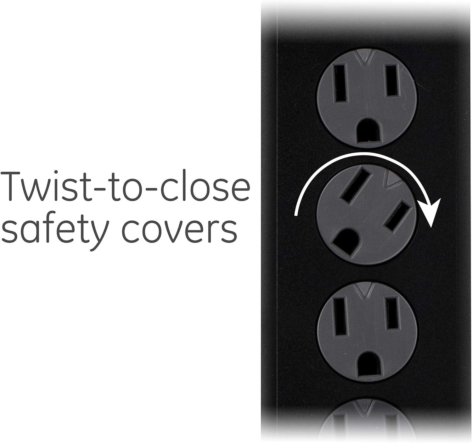 imageGE 6Outlet Surge Protector 4 Ft Extension Cord Power Strip 800 Joules Flat Plug TwisttoClose Safety Covers Protected Indicator Light UL Listed White 33658Black