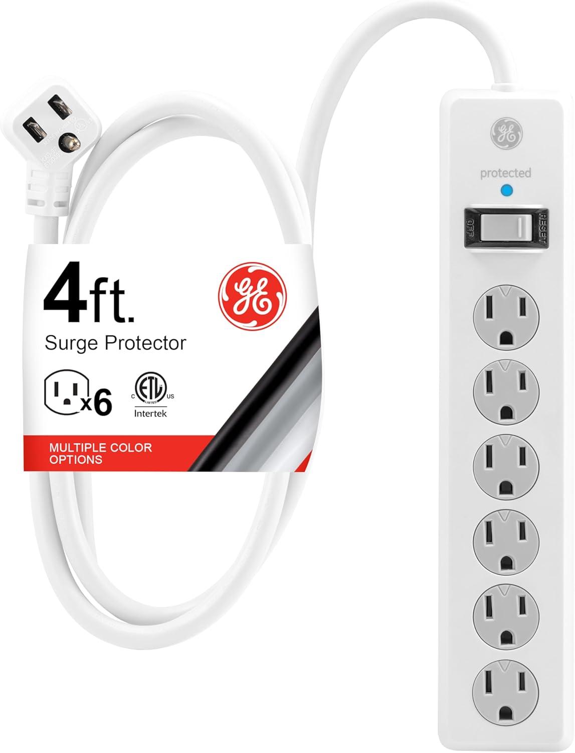 imageGE 6Outlet Surge Protector 4 Ft Extension Cord Power Strip 800 Joules Flat Plug TwisttoClose Safety Covers Protected Indicator Light UL Listed White 33658White