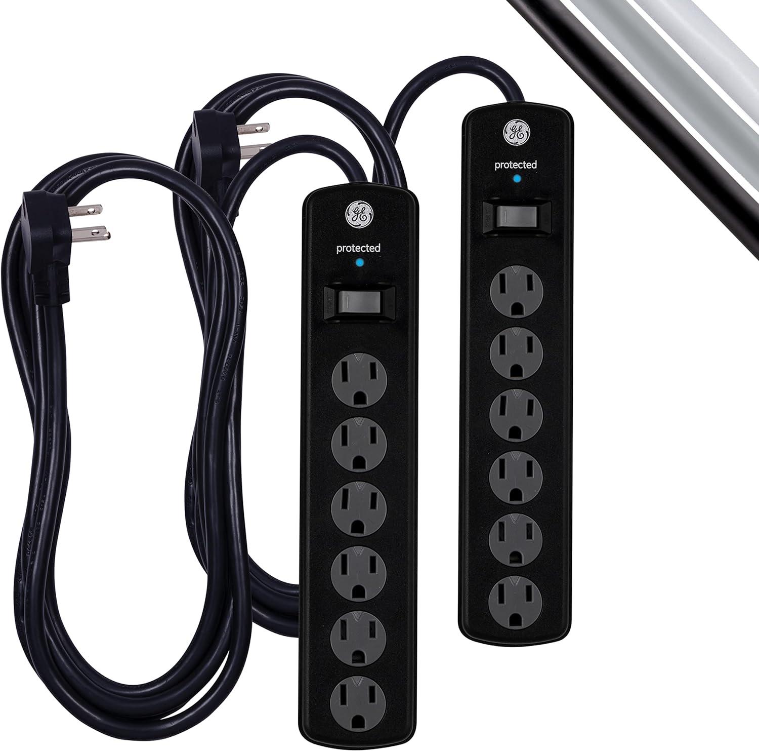 imageGE 6Outlet Surge Protector 4 Ft Extension Cord Power Strip 800 Joules Flat Plug TwisttoClose Safety Covers Protected Indicator Light UL Listed White 33658Black