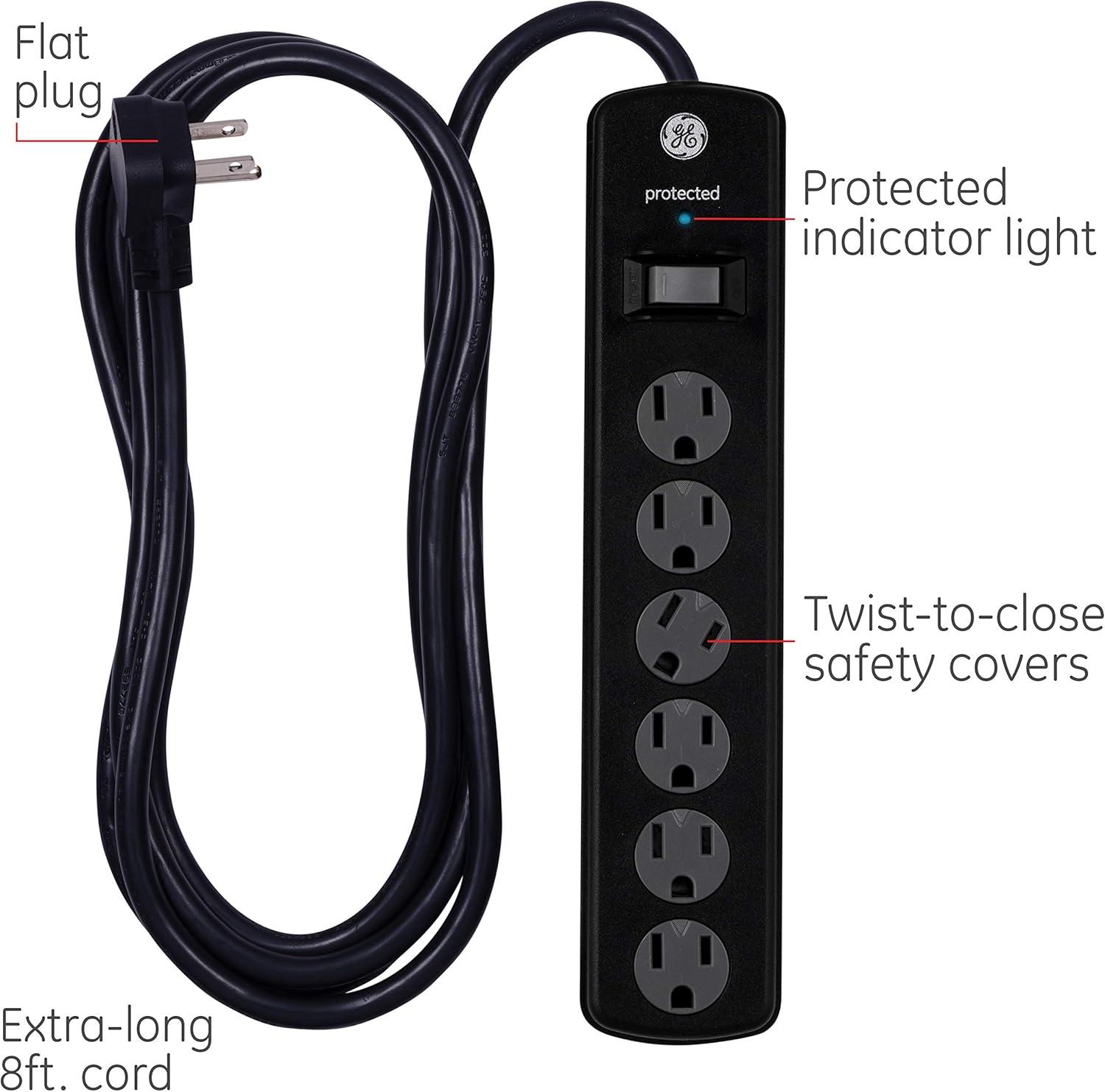 imageGE 6Outlet Surge Protector 4 Ft Extension Cord Power Strip 800 Joules Flat Plug TwisttoClose Safety Covers Protected Indicator Light UL Listed White 33658Black