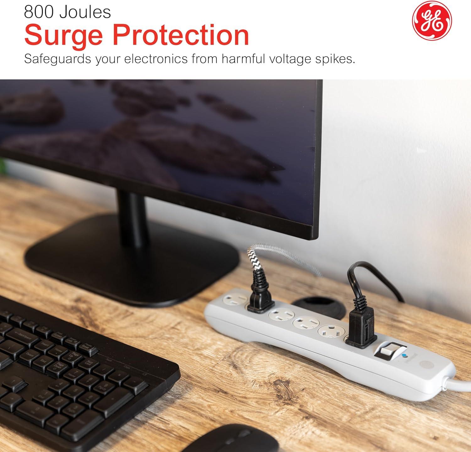 imageGE 6Outlet Surge Protector 4 Ft Extension Cord Power Strip 800 Joules Flat Plug TwisttoClose Safety Covers Protected Indicator Light UL Listed White 33658Gray